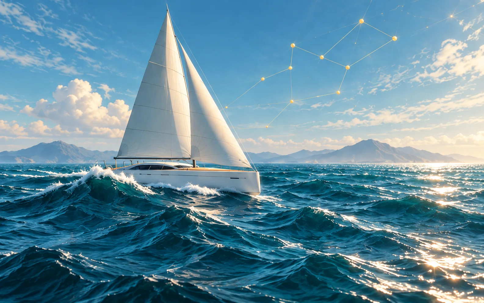 Illustration of a sailing yacht on turquoise water beneath a network-inspired constellation