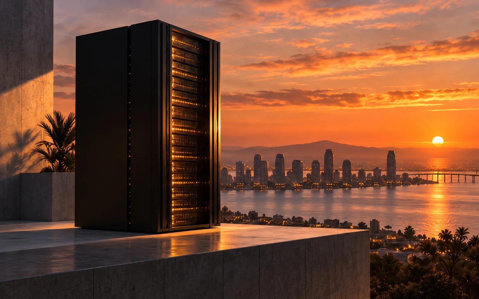 Illustration of a server rack overlooking San Diego at sunset