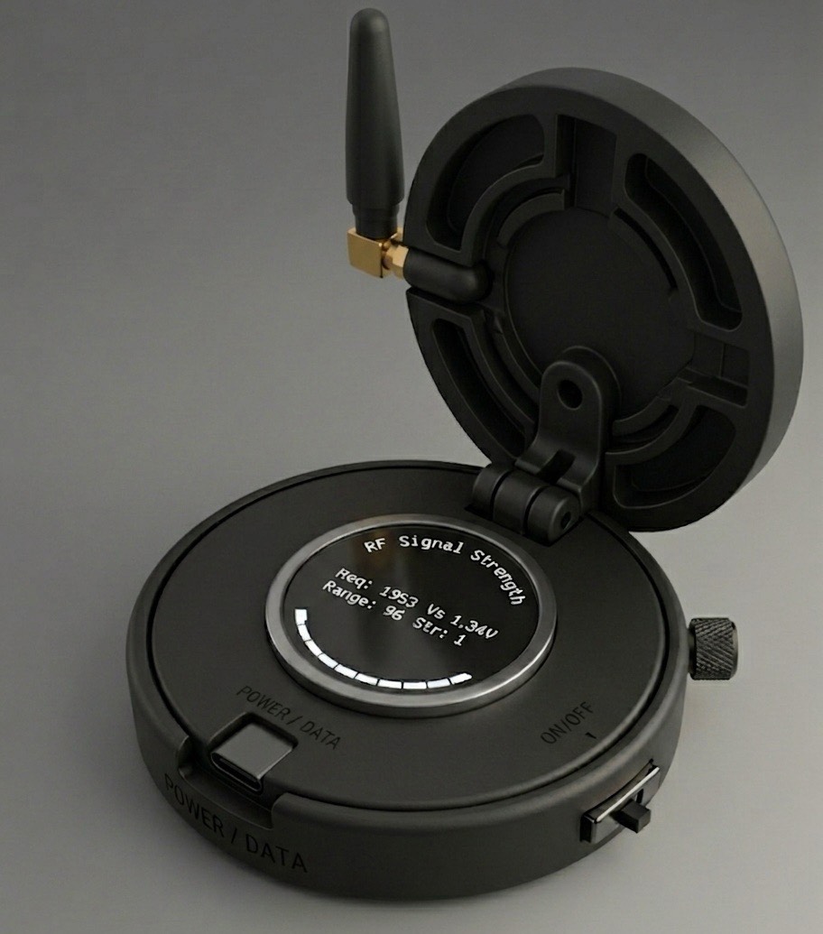 Signal Compass product visual showing its circular enclosure and antenna