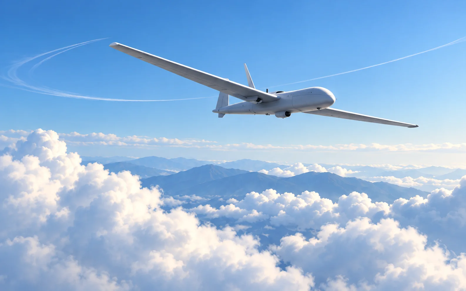 Illustration of an unarmed fixed-wing UAV above clouds